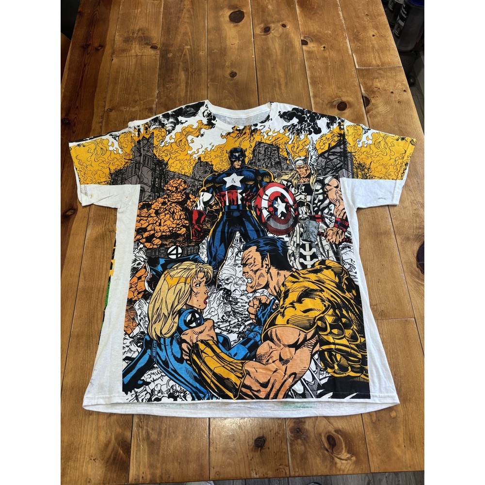 Vintage Marvel Comics All-Over Print T-Shirt Jim Lee Art Captain America Thor